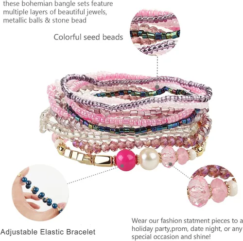 Vista 5 de FIBO STEEL 6 Sets Bohemian Stackable Bead Bracelets for Women Stretch Multilayered Bracelet Set Multicolor Boho Jewelry