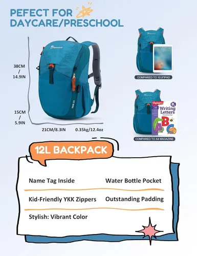 Vista 3 de MOUNTAINTOP - Mochila escolar para niños de 2 a 5 años, 8L/12 L azul (12L-Blue)
