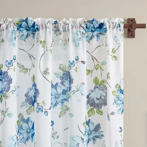 Vista 4 de FOLKSIDE - Cortinas florales azules, 63 pulgadas de largo, juego de 2 paneles, bolsillo para barra, cortinas florales semitransparentes