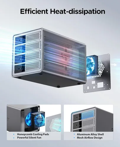 Vista 6 de ORICO Carcasa para disco duro de 4 bahías, compatible con 8 modos RAID para HDD de 3.5 pulgadas máx. hasta 88 TB para almacenamiento externo