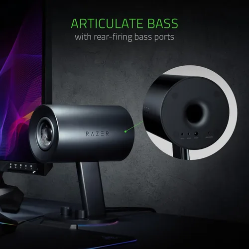Vista 5 de Razer Nommo Chroma - Altavoces de computadora, puertos de graves traseros para juegos de rango completo e inmersión de sonido, controladores