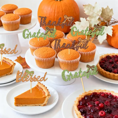 Vista 5 de 24 adornos de otoño para cupcakes para decoración del día de Acción de Gracias, lazo con purpurina para pasteles Thankful Blessed Grateful para Bow-a