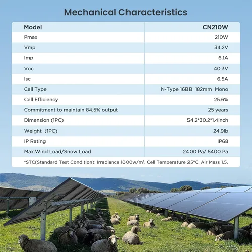 Vista 10 de 210W N-Type 16BB Bifacial Solar Panel, Vmp 34.2V for 24V Systems