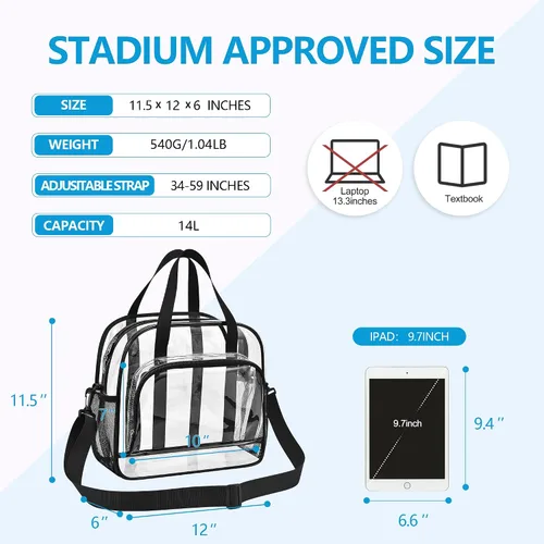 Vista 4 de Paxiland Clear Bag for Stadium Events, 12x6x12 inches Tote Bag with Detachable Reinforced Strap for Sports Concert and Work