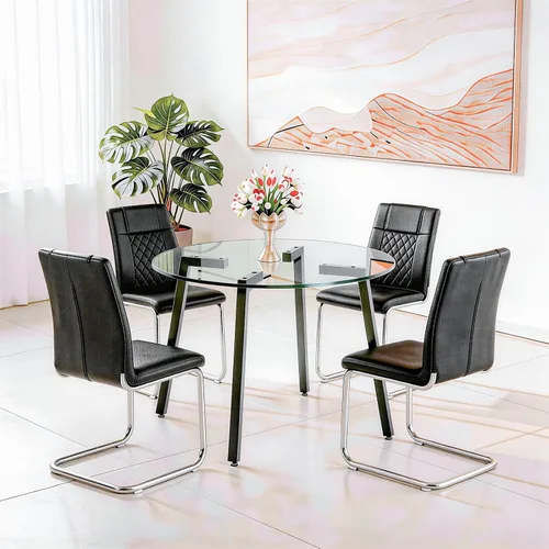 Vista 9 de Juego de mesa de comedor de cristal para 4, mesa rectangular con 4 sillas de cocina de cuero blanco, juego de comedor de cocina de 51 pulgadas, mesa