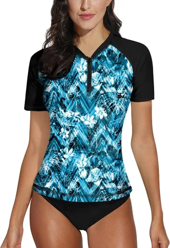 Vista 26 de BesserBay Camiseta de natación de manga corta con cremallera UPF 50+ para mujer, de secado rápido