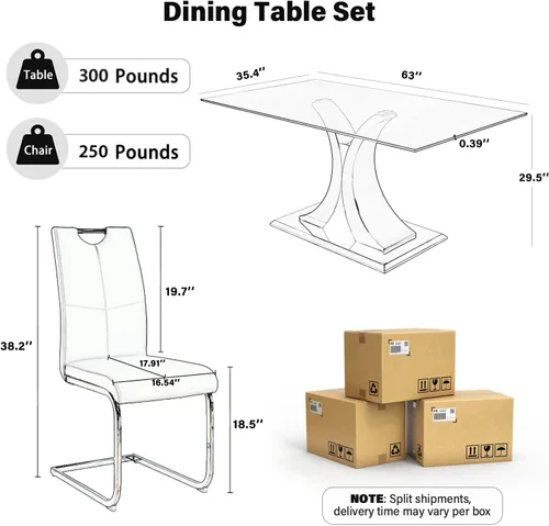 Vista 3 de Juego de comedor moderno de vidrio de lujo de 5 piezas, juego de cena rectangular minimalista grande para 4, juego de mesa de cocina de vidrio