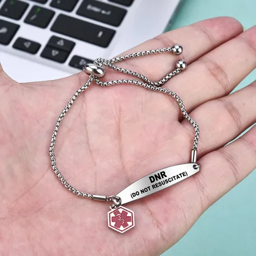 Vista 5 de Pulseras de alerta médica para mujer, pulseras de identificación médica con grabado láser gratis, pulseras ajustables de acero inoxidable grabado