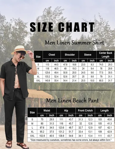 Vista 6 de COOFANDY Conjunto de 2 piezas de lino para hombre, conjunto de camisa y pantalón con botones para la playa