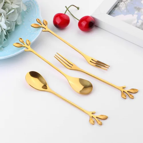 Vista 3 de Juego de 12 cucharas de café de acero inoxidable con hojas doradas y tenedores de frutas para tartas, accesorios de cocina, fiesta de boda