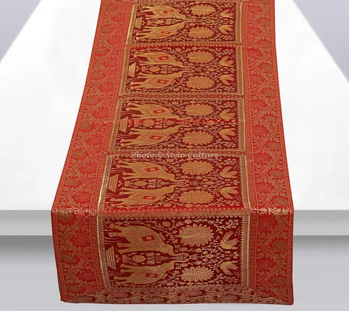 Vista 6 de Brocade - Camino de mesa de centro de jacquard rectangular, bohemio, tradicional, decoración de sala de estar, elefante, pavo real, floral, mantel
