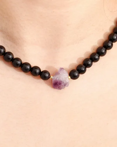 Vista 7 de Collar de cuentas de obsidianaamatista de cuarzo negro para mujeres y hombres, equilibrio, meditación, energía, cristal y piedras preciosas, Piedra