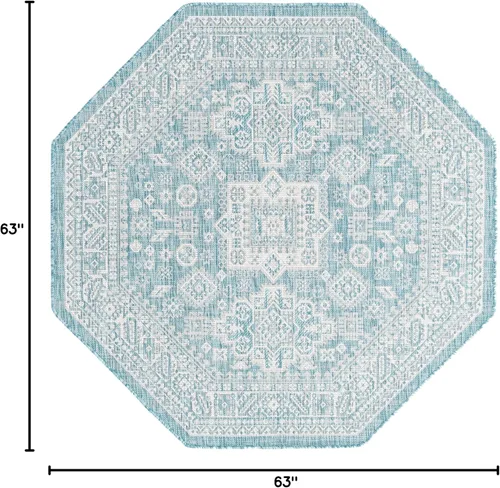 Vista 2 de Unique Loom Outdoor Aztec Collection Alfombra de área, Chalca (5 pies 3 pulgadas, octágono, aguamarina/marfil)