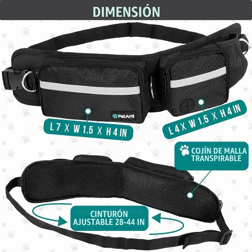 Vista 2 de Correa para perro PetAmi manos libres, correa para correr con bolsa para la cintura, para caminar, trotar, doble bolsillo con cremallera