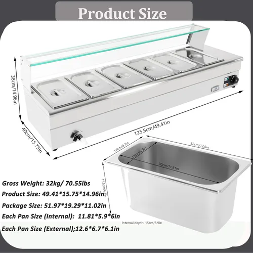 Vista 3 de LOYALHEARTDY Calentador de alimentos comercial, 110 V, 1200 W, calentador de alimentos Bain Marie, 6 sartenes x 1/3 GN grado alimenticio 201 acero