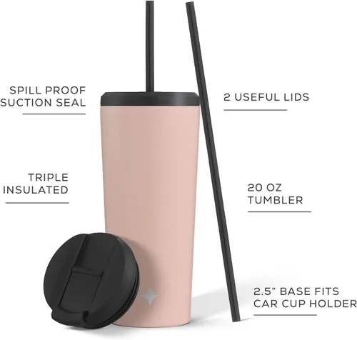 Vista 3 de JoyJolt Vaso de 20 onzas con triple aislamiento con tapa y popote (2 cada uno) de acero inoxidable de doble pared al vacío, con forro de cobre