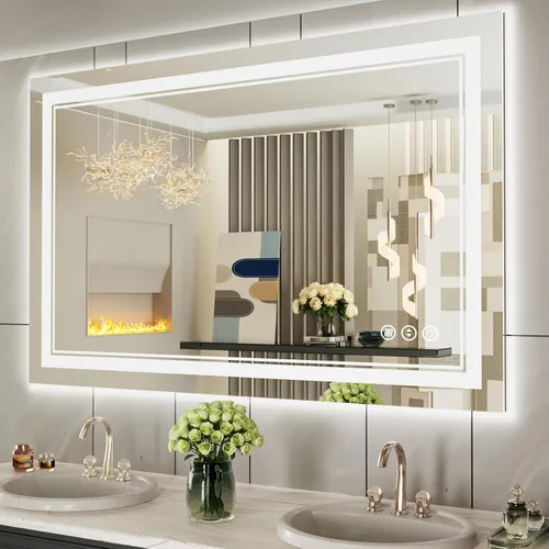 Vista 38 de Espejo de baño LED de 24 x 28 pulgadas, luz frontal y retroiluminada, antiniebla, regulable, espejo de tocador iluminado con memoria, espejo LED