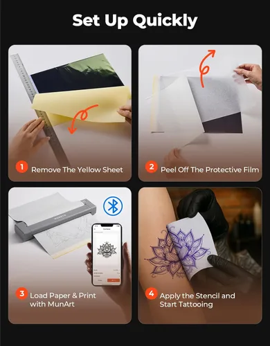 Vista 6 de MUNBYN ITP05S - Impresora de plantillas de tatuaje, impresora térmica inalámbrica Bluetooth con 20 hojas de papel de transferencia, compatible