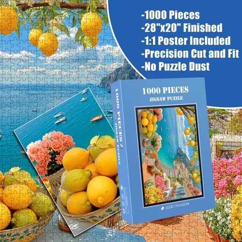 Vista 3 de Rompecabezas de 1000 piezas para adultos, rompecabezas de arte de limón de la costa de Amalfi y pueblo costero, tamaño grande de 28 x 20 pulgadas