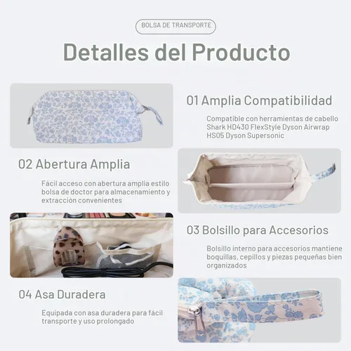 Vista 4 de Bolsa de viaje acolchada para herramientas para el cabello compatible con Dyson secador de pelo, bolsa de herramientas para el cabello floral Azul