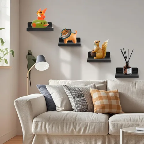 Vista 2 de Pequeño estante flotante para pared, juego de 2 estantes de pared de madera de 5 pulgadas, mini altavoces, monitor de bebé, cámaras, soporte de Negro
