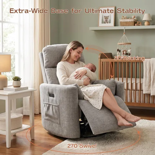 Vista 4 de Sillón reclinable eléctrico de gran tamaño con masaje y calor, mecedora con reposacabezas ajustable, sillón reclinable giratorio con 2 almohadas
