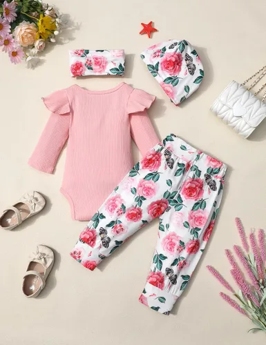 Vista 5 de KANGKANG Ropa de bebé recién nacida Hi I'm New Here, traje para recién nacido, mameluco para bebé, pantalones florales, lindos trajes de bebé niña