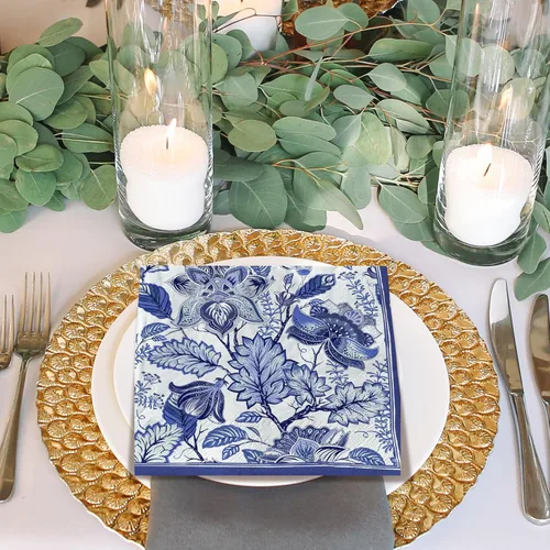 Vista 4 de AnyDesign 80 servilletas de papel florales azules, desechables, retro, con flores, para almuerzo, postre, cena, servilletas de mano para cumpleaños