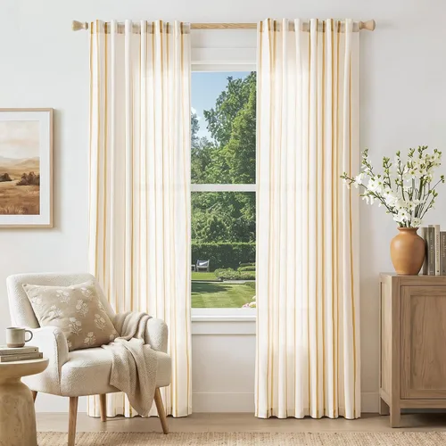 Vista 34 de Cortinas de cocina estilo granja a rayas Vangao de 24 pulgadas de largo, cortinas de lino para café, cortinas de nivel con rayas, cortinas Boxter