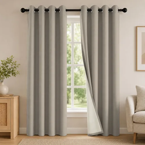 Vista 107 de 2 paneles de cortinas 100% opacas, de peso medio, con aislamiento térmico y ojales para dormitorio, sala de estar, tratamiento de ventana