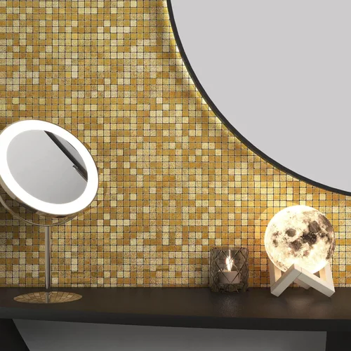 Vista 4 de VAOVI Azulejos dorados para salpicaduras de cocina, adhesivos de mosaico autoadhesivos, resistentes al calor, impermeables (5 hojas, cuadrados)