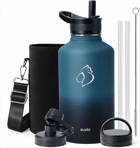 Vista 38 de BUZIO Botella de agua de 32 onzas aislada con popote y 3 tapas y bolsa de transporte, a prueba de fugas, frasco jarra de agua de acero inoxidable