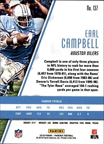 Vista 2 de 2016 Panini Phoenix Pink #137 Earl Campbell NFL Football Trading Card