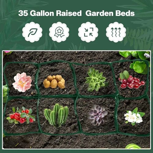 Vista 5 de Irenare 2 macetas elevadas de tela de 35 galones, cama de plantación de polietileno con 8 rejillas divididas, camas de jardín rectangulares, cama