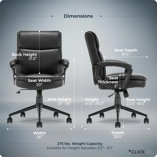 Vista 3 de Click365 Transform 2.0 Silla de oficina ergonómica, silla de escritorio con respaldo medio con brazos acolchados, soporte lumbar, altura ajustable