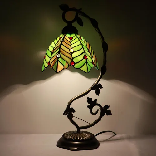 Vista 3 de Tiffany Table Lamp, Stained Glass Desk Light, 8X10X21 Inches, Metal Leaf Base (Brown Green Leaf)