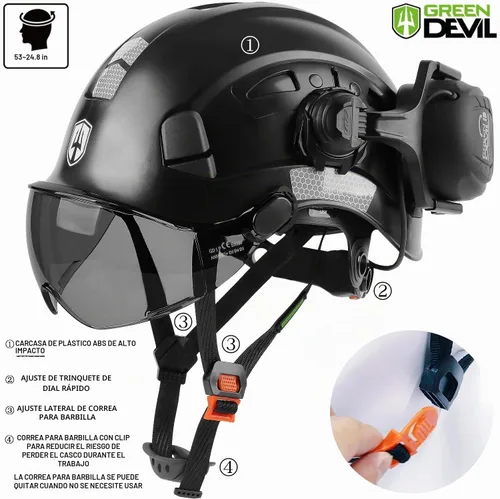 Vista 4 de CASCO DE SEGURIDAD CON VISERA Y OREJERAS BLUETOOTH GREEN DEVIL Casco Duro de Trabajo con Protección Completa, Ventilado, Casco de Construcción ANSI