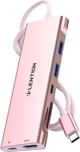 Vista 10 de LENTION 5-in-1 USB-C Hub, 4 USB3.0, 60W Charging, Multiport Adapter Oro Rosa