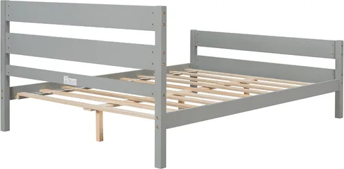Vista 7 de Marco de cama de plataforma de madera maciza tamaño matrimonial con cabecera de madera, listones resistentes, soporte de cama individual para niños