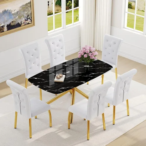 Vista 17 de Juego de mesa de comedor moderna para mesa de comedor negra de 4,63 pulgadas, juego de 4 con patas de metal dorado, mesa de cocina rectangular
