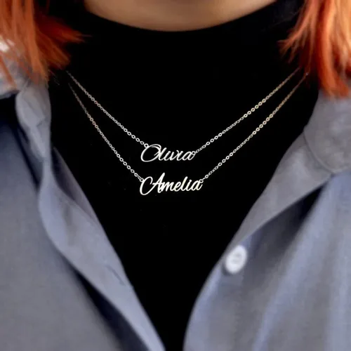 Vista 3 de Collar con 2 nombres en capas personalizable, collar estilo gargantilla de doble cadena chapado en oro de 18 quilates con placa de nombre, collar