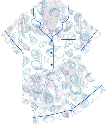 Vista 22 de Ekouaer Conjunto de pijama de satén de seda para mujer, suave, de manga corta, con botones, ropa para dormir, camiseta y pantalones cortos, juego