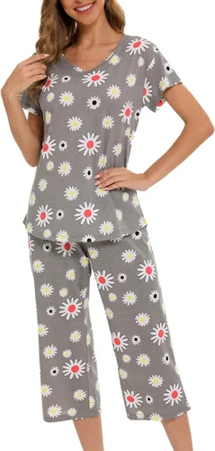 Vista 26 de ENJOYNIGHT Conjuntos de pijama de algodón para mujer, pijamas de verano con pantalones capri, ropa de dormir Gato negro