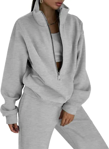 Vista 6 de COZYPOIN Conjunto deportivo de 2 piezas para mujer, sudadera de forro polar con cremallera media y pantalones de chándal de forro polar