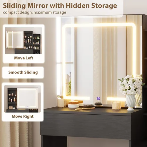 Vista 4 de GarveeHome Makeup Vanity Desk with Sliding Mirror, Vanity Dressing Table with 3 Color Adjustable Lights, Girls Vanity Set with Stool, 4 Compact