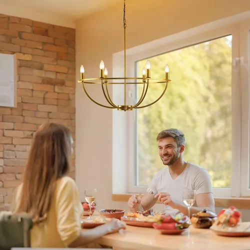 Vista 7 de WJShome Lámpara de araña dorada Granja: Candelabros modernos de 6 luces para comedor, iluminación industrial rústica de isla de cocina, para sala