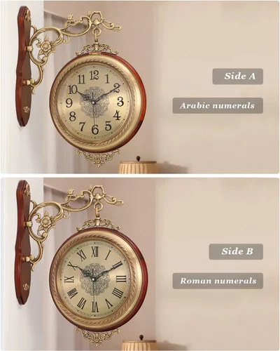 Vista 2 de Reloj de pared retro de doble cara, decoración de aleación, números romanos y árabes giratorios de 360°, funciona con pilas, relojes silenciosos
