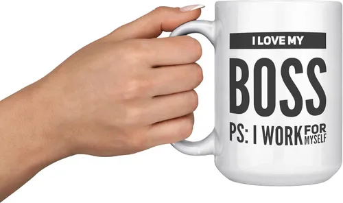 Vista 7 de Taza de café con texto en inglés "I Love My Boss PS I Work For Mysel", regalos para jefes, divertida, sarcástica, empresario, compañero de trabajo
