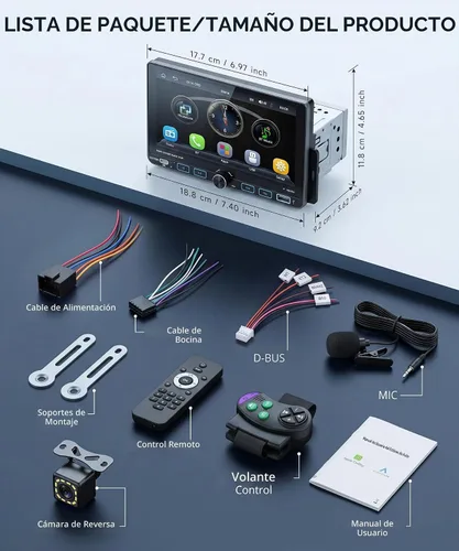 Vista 7 de Estéreo de coche de 7 pulgadas de un solo DIN con AM/FM/RDS inalámbrico/con cable Carplay Android Auto Bluetooth 5.2 IPS Pantalla MirrorLink SWC EQ