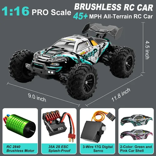 Vista 2 de Auto RC sin escobillas a escala 1:16 para adultos, alta velocidad de 45+ MPH, camión RC 4WD impermeable todo terreno con 2 baterías y controlador
